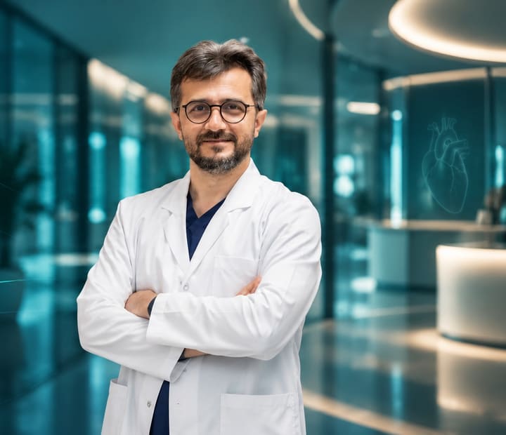 Op. Dr. Cemal Aslan in a white coat with arms folded, in a bright hospital corridor